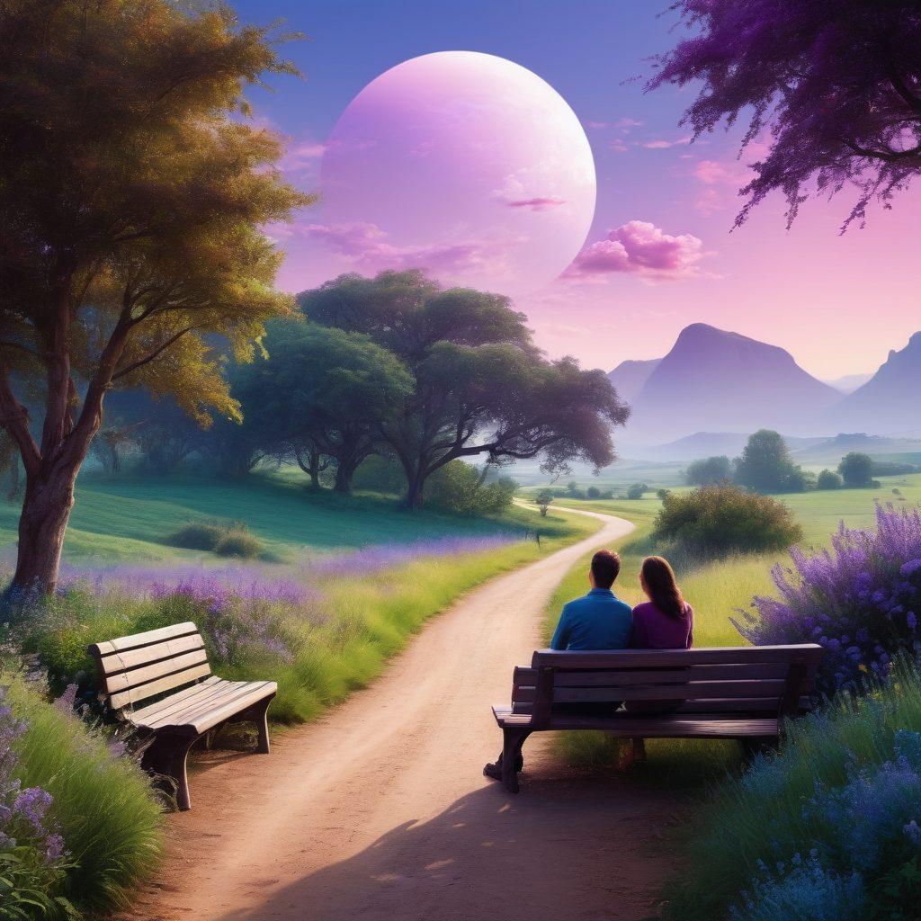A visual metaphor of a winding road symbolizing a journey, adorned with signposts labeled 'Communication', 'Trust', and 'Exploration'. In the foreground, a diverse couple sitting on a bench, engaged in a deep conversation, surrounded by lush greenery, representing growth and understanding. The sky is a gradient of gentle blues and purples, creating a calm atmosphere. The composition evokes warmth and hopefulness for overcoming intimacy issues. super-realistic. vibrant colors. soft background.