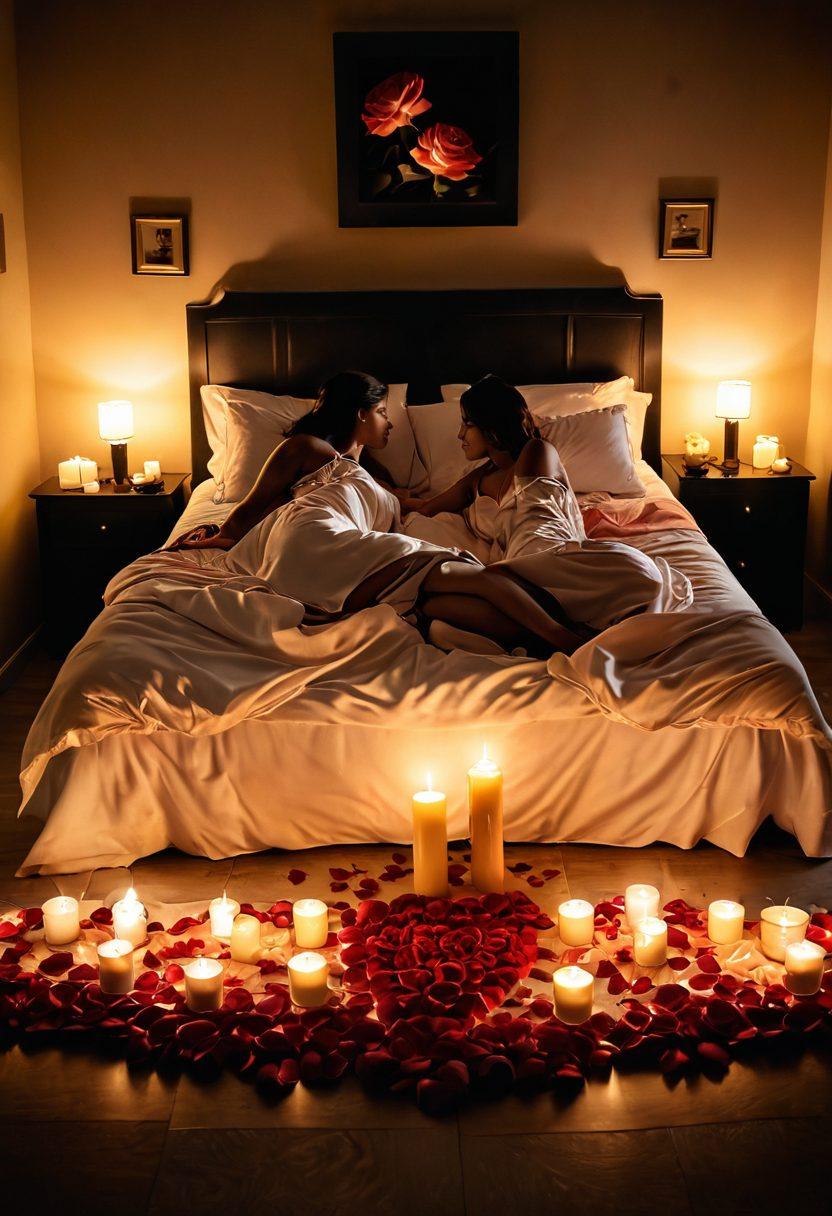 A sensual, inviting bedroom scene with soft, dim lighting and plush bedding, adorned with delicate rose petals and candles. Include two silhouettes of a couple sharing an intimate moment, their expressions showing deep connection and passion. Capture a sense of warmth and romance, emphasizing the theme of desire and intimacy. dreamy, soft focus, warm colors, romantic atmosphere.